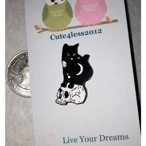 Black Cat with Skul Moon and Stars Pin Brooch